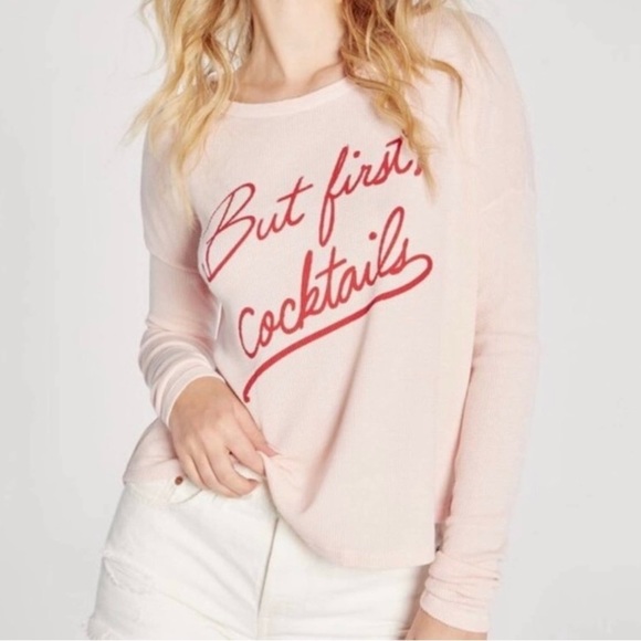 Wildfox Tops - Wildfox Sweatshirt But First Cocktails Pastel Cream Pink Large Graphic Size